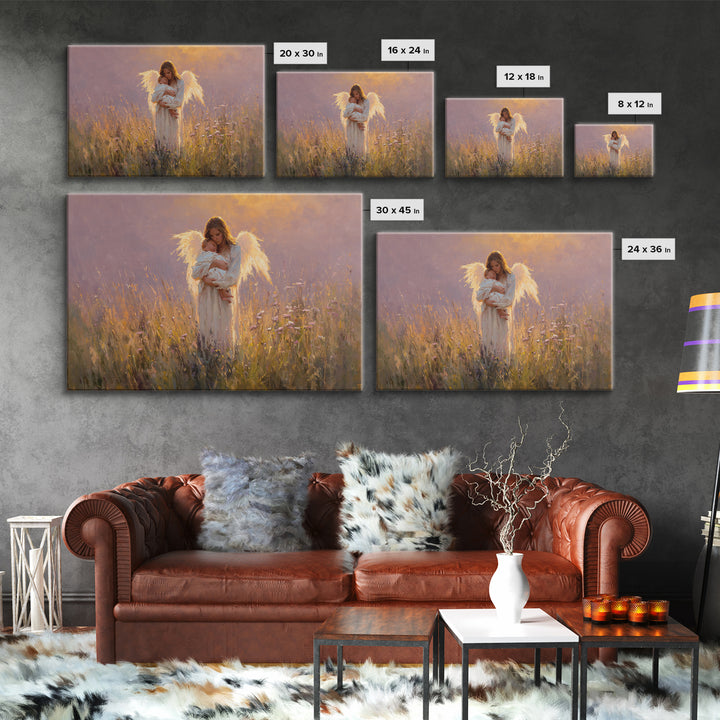 Angel Mother Cradling Newborn Canvas Print, Glowing Wildflower Oil Painting, Christian Nursery Wall Decor, Gift For New Mom