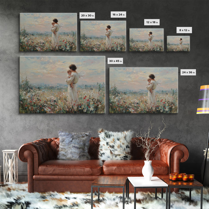 Angel Mother With Baby Wildflower Wall Art, Pastel Meadow Oil Painting Print, Spiritual Nursery Decor, Christian Gift For Mom