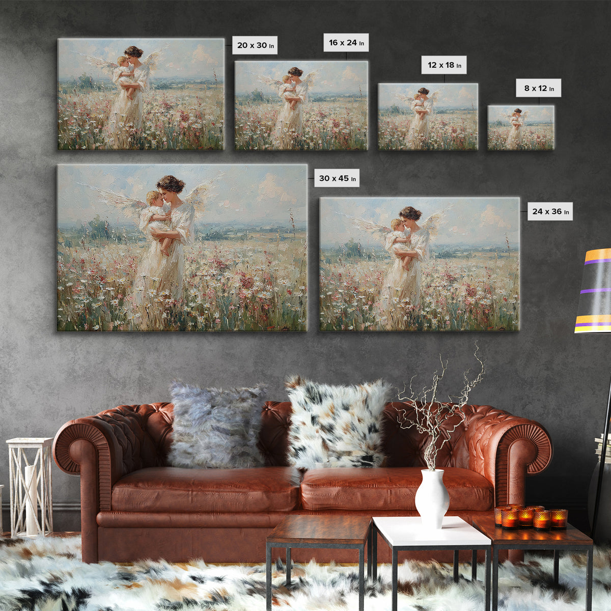 Angel Mother Kissing Baby Canvas Print, Bright Wildflower Meadow Painting, Spiritual Wall Decor, Nursery Art Gift For Mom