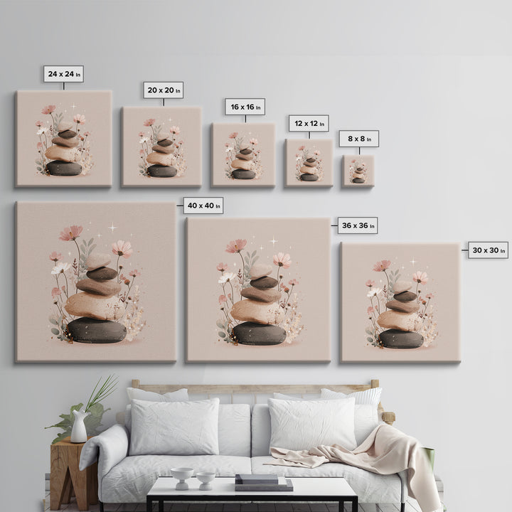 Stacked Zen Stones With Blush Flowers Wall Art, Neutral Spa Decor Canvas, Botanical Bathroom Print, Mindfulness Gift, Home Decor