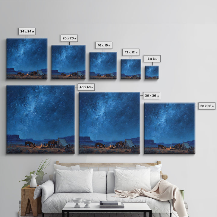 Cowboys Around Campfire Under Milky Way Wall Art, Western Night Desert Painting Print, Rustic Cabin Decor Living Room Art