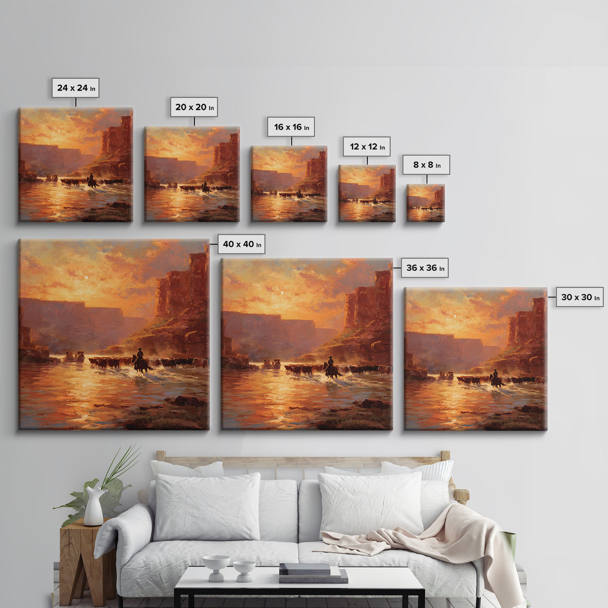Cowboy Cattle Drive Sunset River Western Landscape Wall Art Canvas Print Rustic Home Decor Living Room Western Wall Art