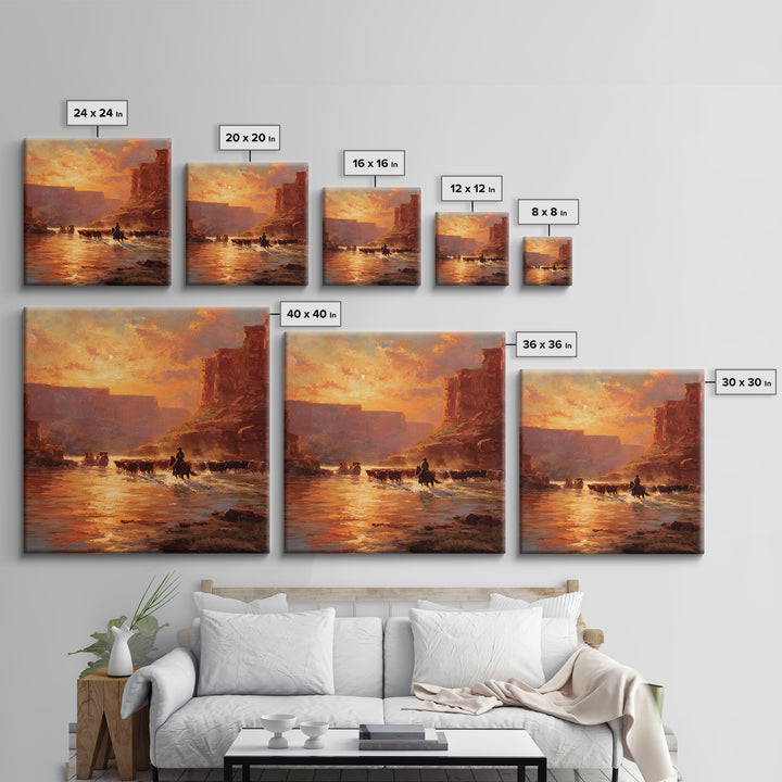 Cowboy Cattle Drive Sunset River Western Landscape Wall Art Canvas Print Rustic Home Decor Living Room Western Wall Art