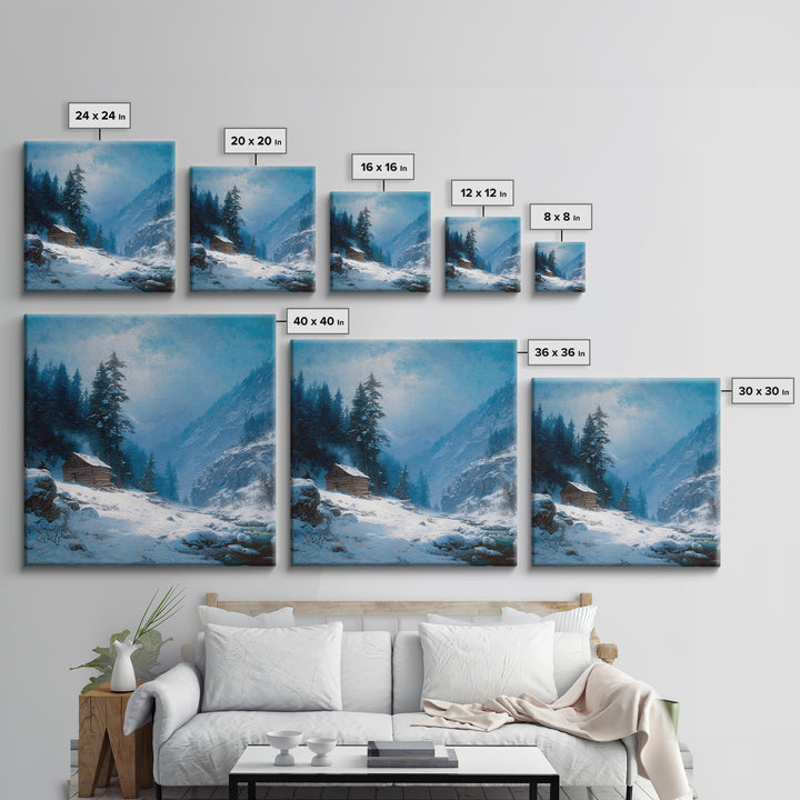 Cozy Winter Cabin In Snowy Mountain Valley Wall Art Print, Rustic Landscape Home Decor, Calming Nature Canvas Print