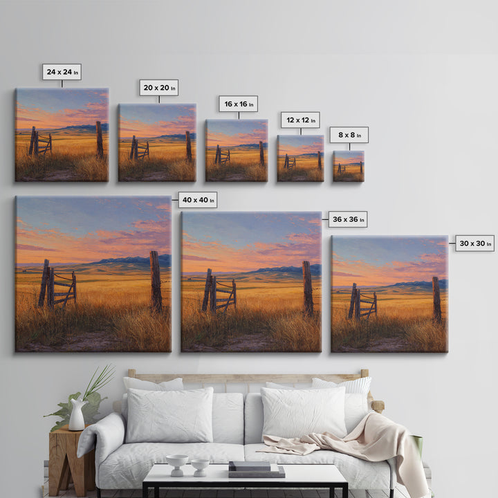 Golden Field Country Landscape Oil Painting Wall Art, Rustic Farm Sunset Hillside Canvas Print Home Decor