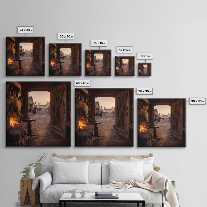 Cozy Old West Blacksmith Shop At Sunset Wall Art For Rustic Farmhouse Decor, Western Town Framed Canvas Print