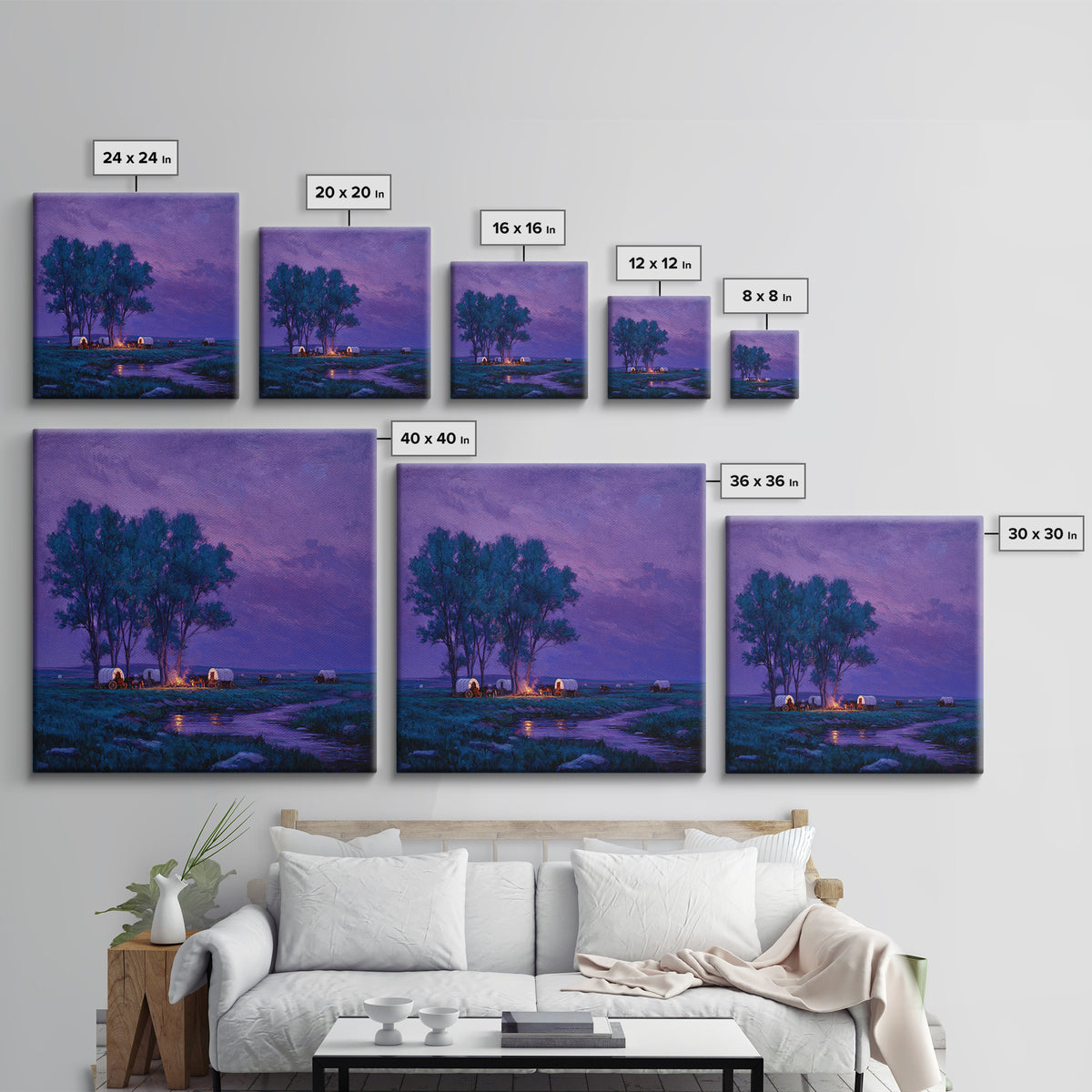 Purple Prairie Campfire Wagons Wall Art, Western Night Landscape Painting, Cozy Cabin Country Decor, Canvas Print