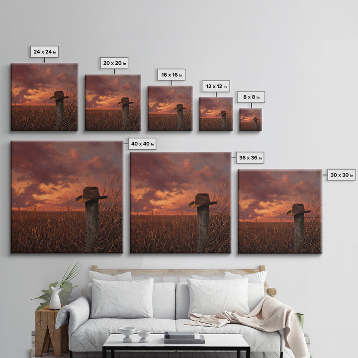 Western Cowboy Hat Sunset Field Wall Art Rustic Landscape Canvas Print Country Home Decor Farmhouse Painting Living Room Art