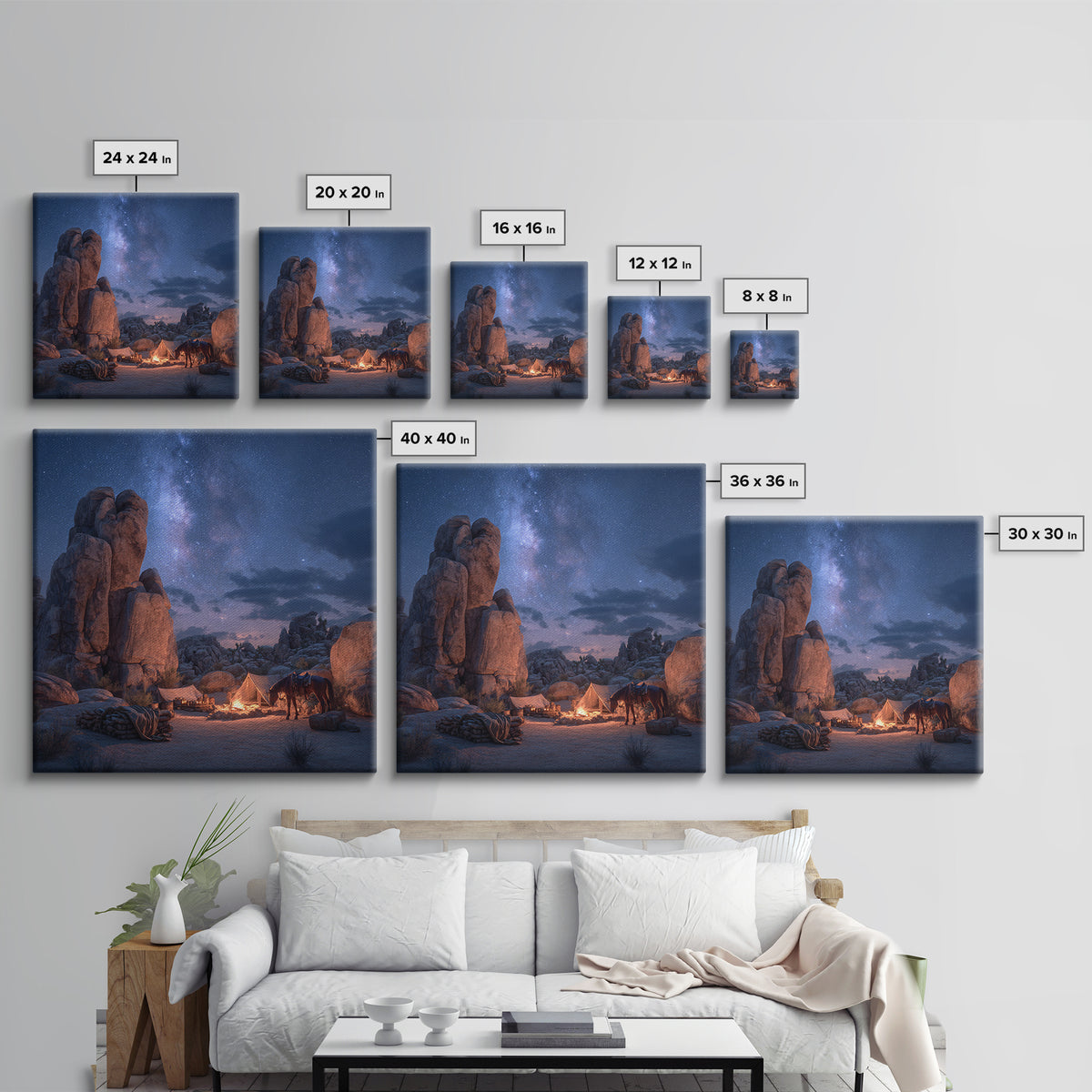 Starry Desert Campfire Wall Art, Western Night Landscape Framed Canvas Print, Cowboy Camping Art, Rustic Cabin Decor