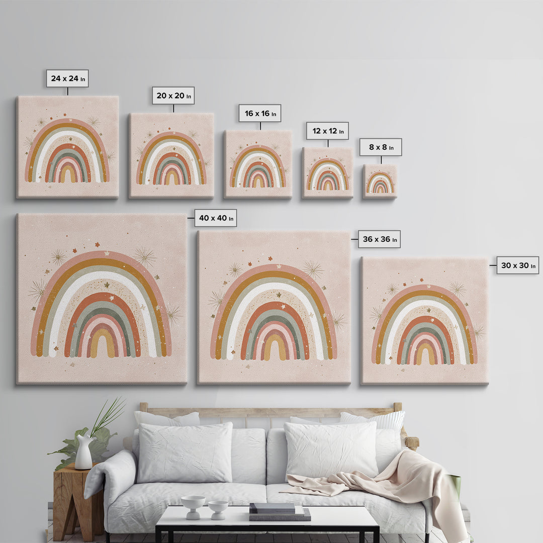 Muted Rainbow With Stars Canvas Print, Boho Nursery Wall Decor, Kids Room Art, Pastel Home Decor, Baby Shower Gift For Girl Nursery Decor