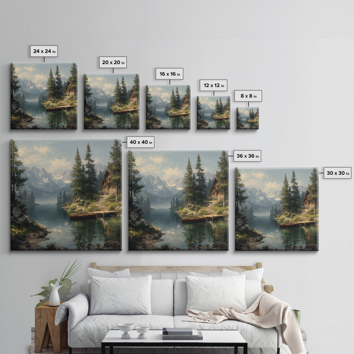 Mountain Lake Cabin Landscape Wall Art Canvas Print, Rustic Country Home Decor, Large Landscape Art, Living Room Wall Decor
