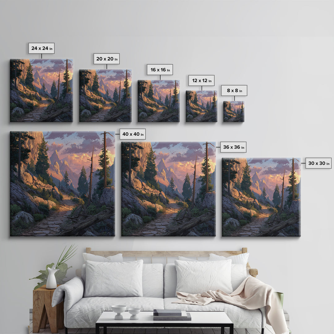 Mountain Trail At Sunset Landscape Wall Art, Scenic Hiking Path Canvas Print, Rustic Nature Home Decor For Living Room
