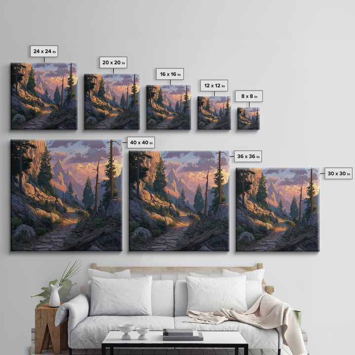 Mountain Trail At Sunset Landscape Wall Art, Scenic Hiking Path Canvas Print, Rustic Nature Home Decor For Living Room