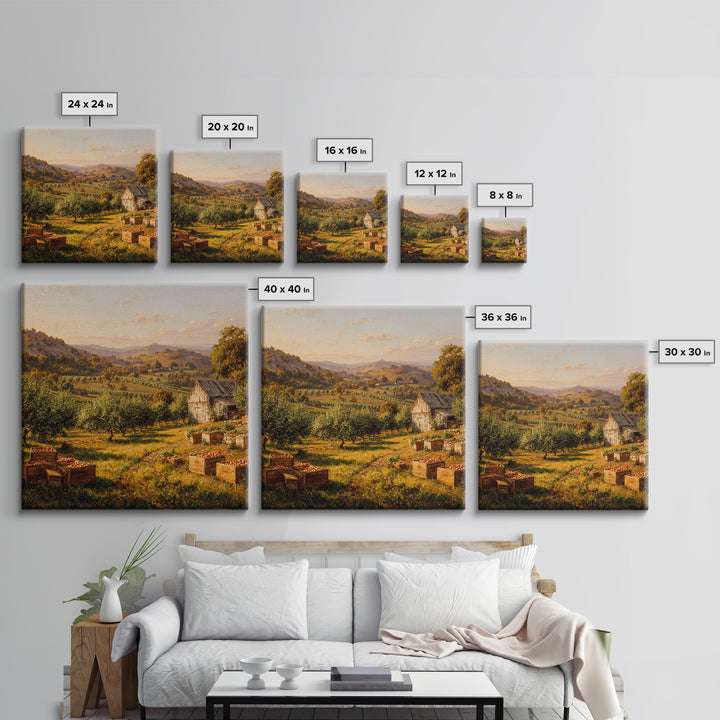 Golden Orchard Valley Landscape Painting Wall Art, Rustic Farm Harvest Print, Country Kitchen And Dining Room Decor