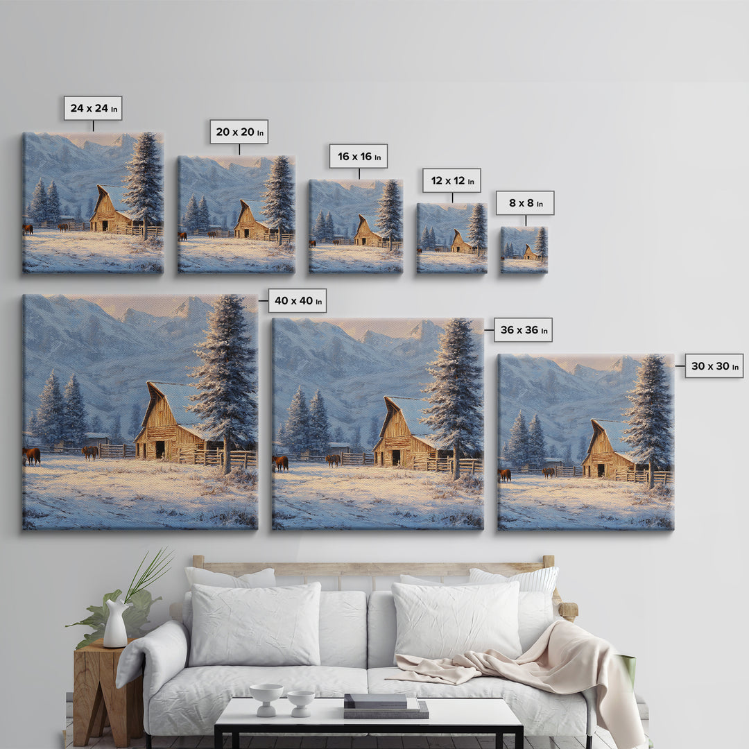 Snowy Mountain Barn Winter Wall Art, Rustic Farm Landscape Canvas Print, Cozy Cabin Decor, Country Farmhouse Living Room Wall Decor