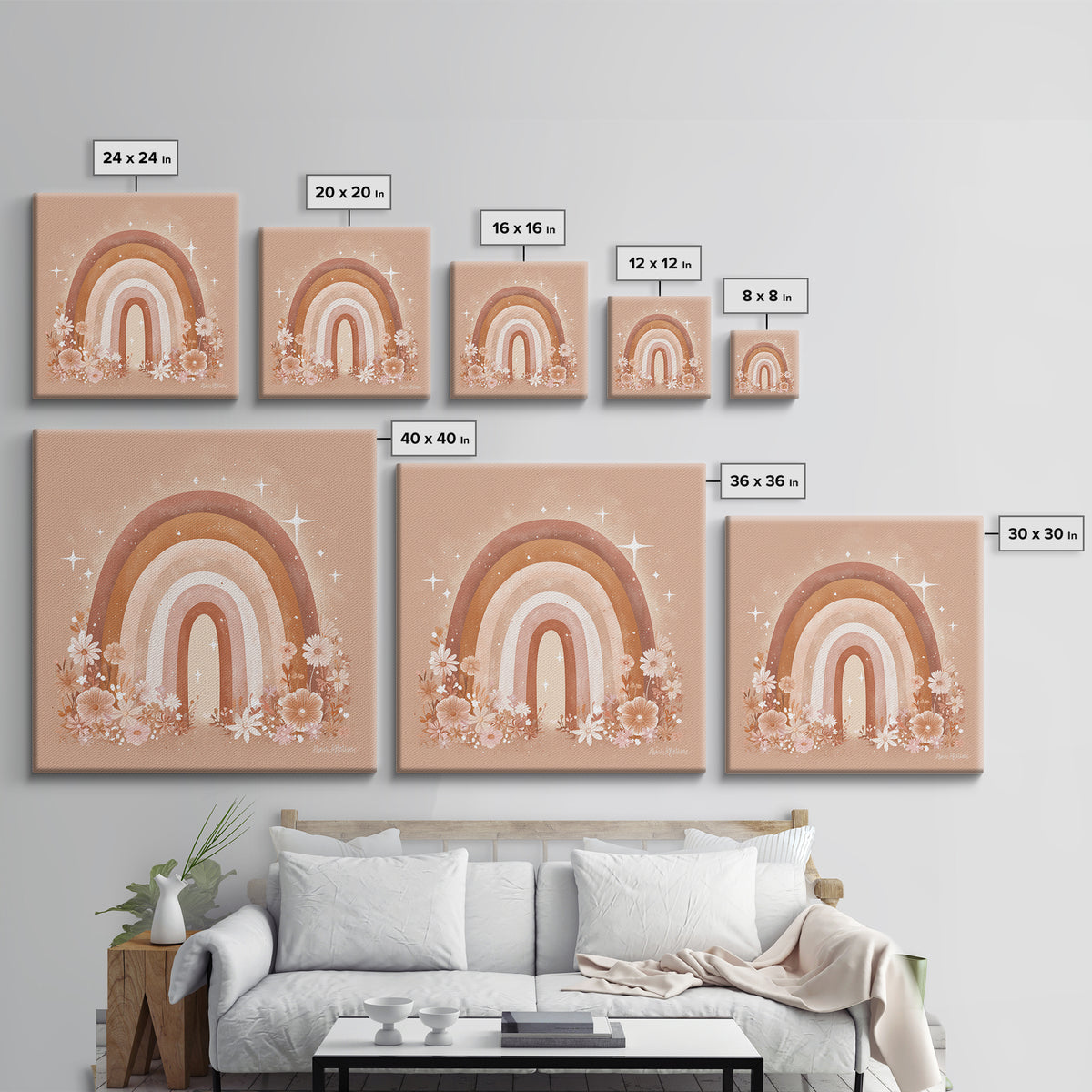 Peach Floral Rainbow Wall Art, Daisy Nursery Decor, Boho Kids Room Art, Feminine Wall Decor, Baby Girl Nursery Canvas Print