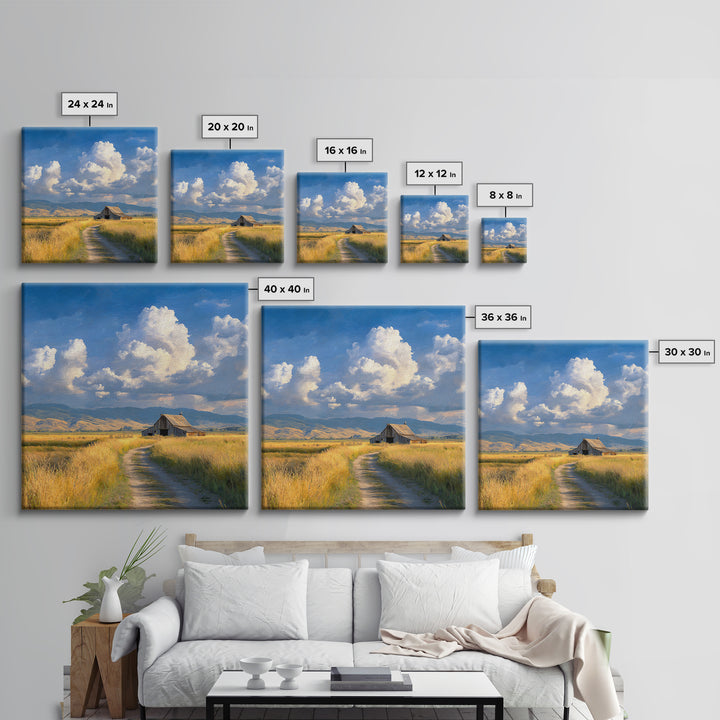 Golden Field Barn Country Landscape Wall Art, Blue Sky Farmhouse Canvas Print, Rustic Country Home Decor For Kitchen Or Living Room