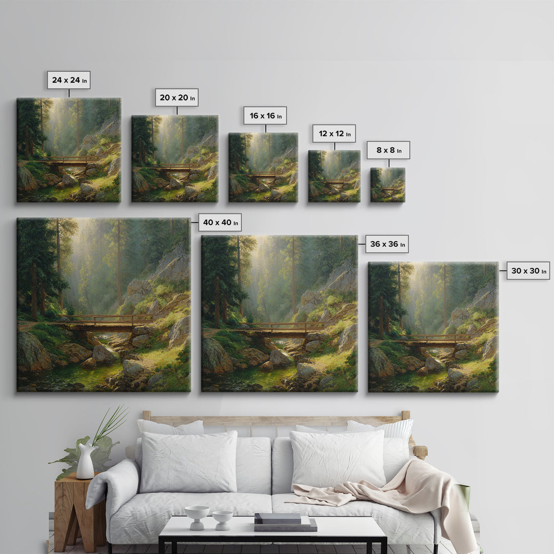 Sunlit Forest Bridge Landscape Wall Art, Tranquil Nature Print, Calming Green Decor, Rustic Country Artwork For Living Room Or Bedroom