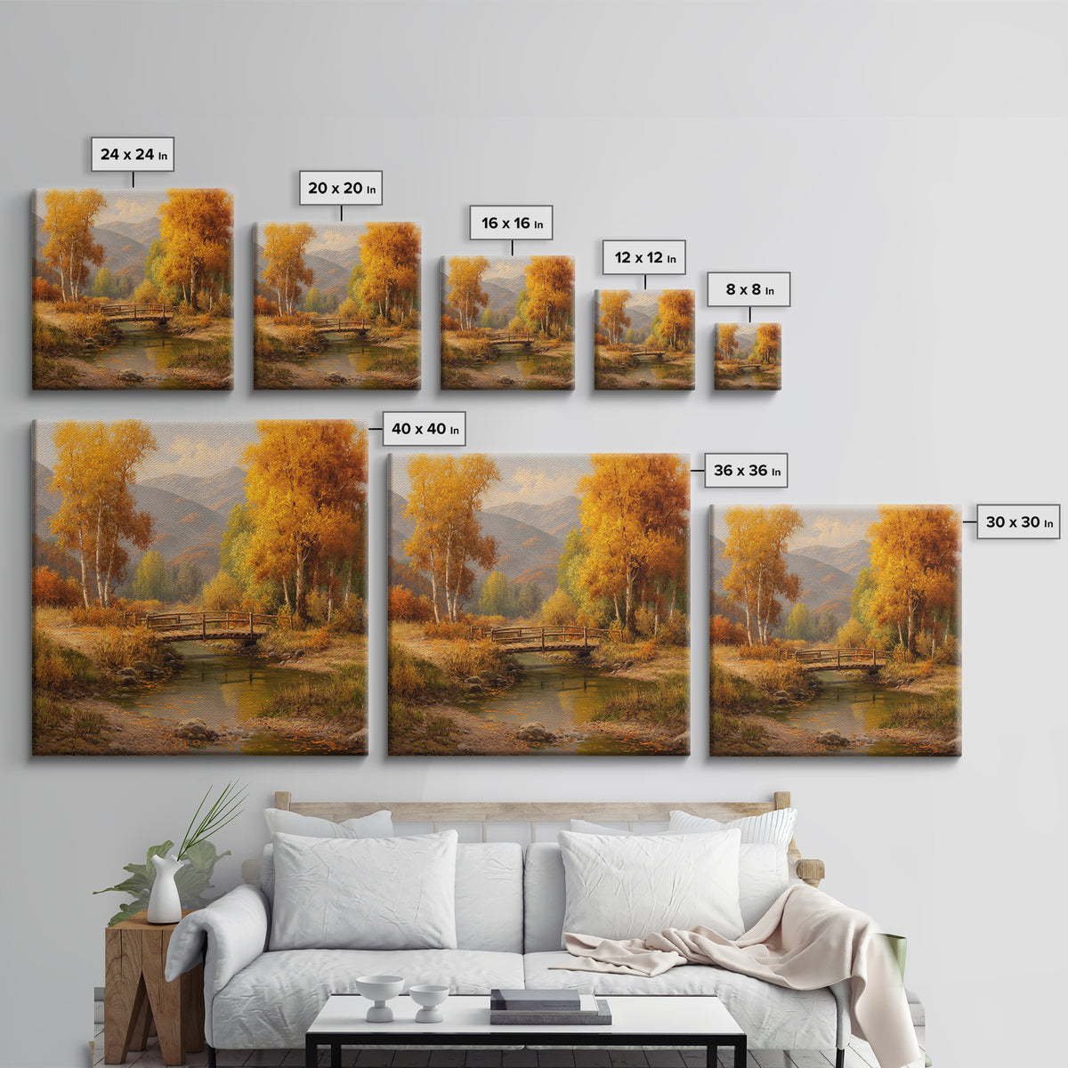 Autumn Forest Bridge Landscape Wall Art, Rustic Country Stream Canvas Print, Cozy Fall Home Decor, Living Room Wall Art