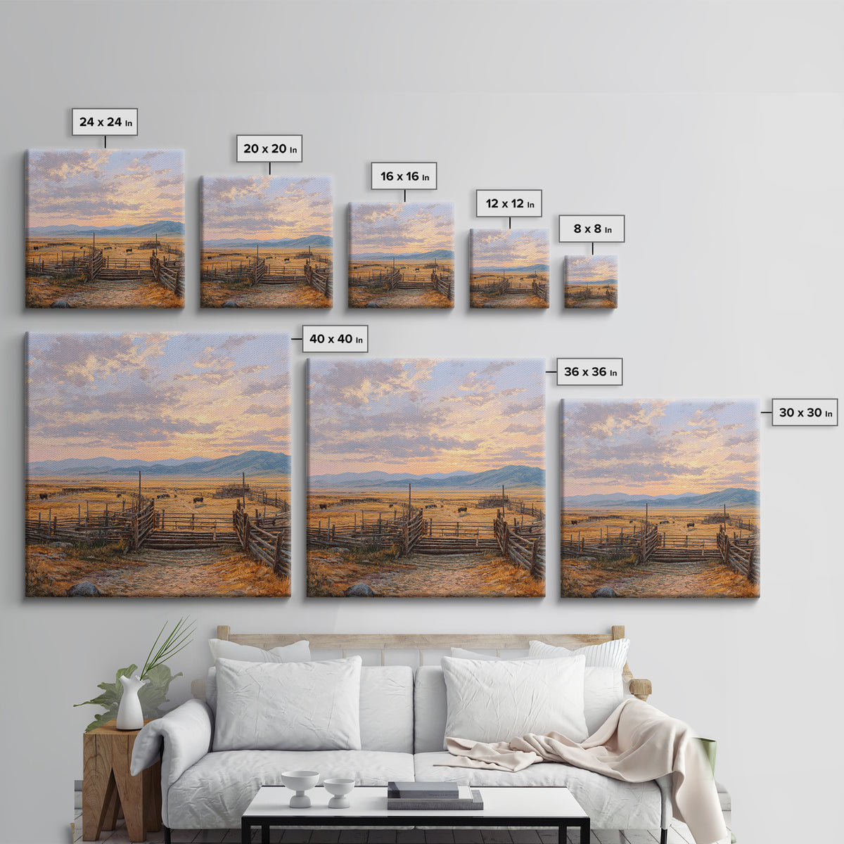 Sunset Cattle Ranch Landscape Painting Wall Art, Rustic Western Pasture Print, Country Farmhouse Living Room Decor