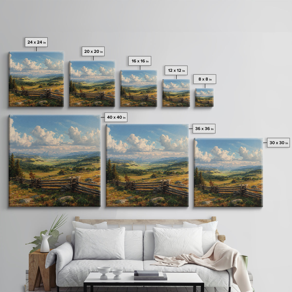 Wide Mountain Valley Landscape Wall Art, Rustic Country Canvas Print, Large Western Farmhouse Decor For Living Room