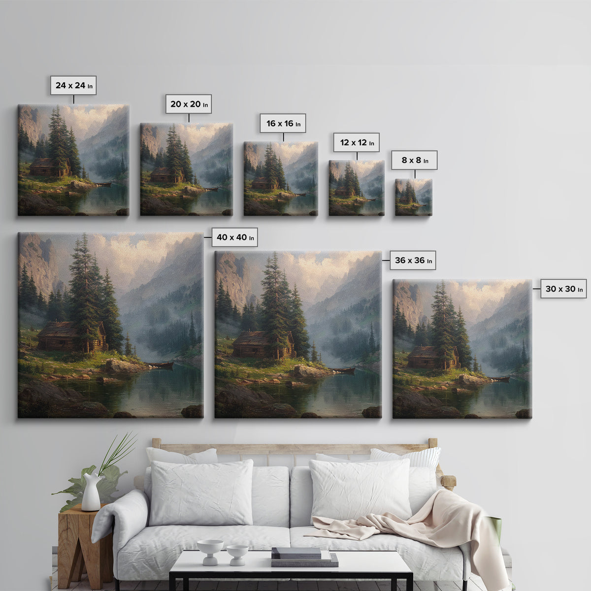 Mountain Cabin Lake Sunset Landscape Wall Art Rustic Nature Painting Home Decor Living Room Decor Canvas Print