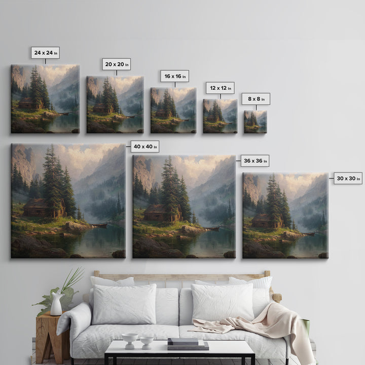 Mountain Cabin Lake Sunset Landscape Wall Art Rustic Nature Painting Home Decor Living Room Decor Canvas Print