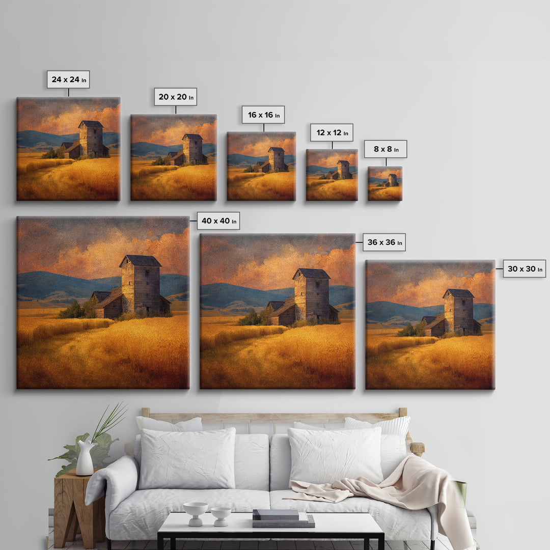 Rustic Barn In Golden Field Landscape Wall Art, Country Sunset Canvas Print, Farmhouse Home Decor Artwork