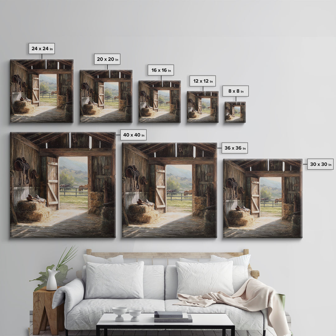 Rustic Horse Barn Interior Wall Art Country Farmhouse Decor Warm Sunlit Stable Landscape Print For Entryway Or Living Room
