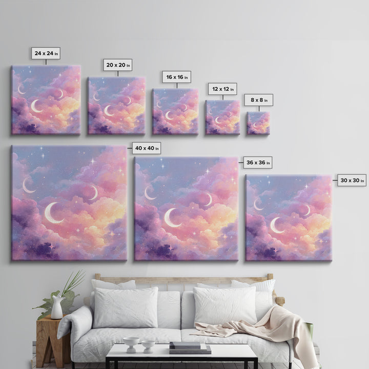 Pastel Crescent Moons In Dreamy Clouds Canvas Print, Celestial Wall Art, Whimsical Nursery Decor, Girls Room Decor, Space Art