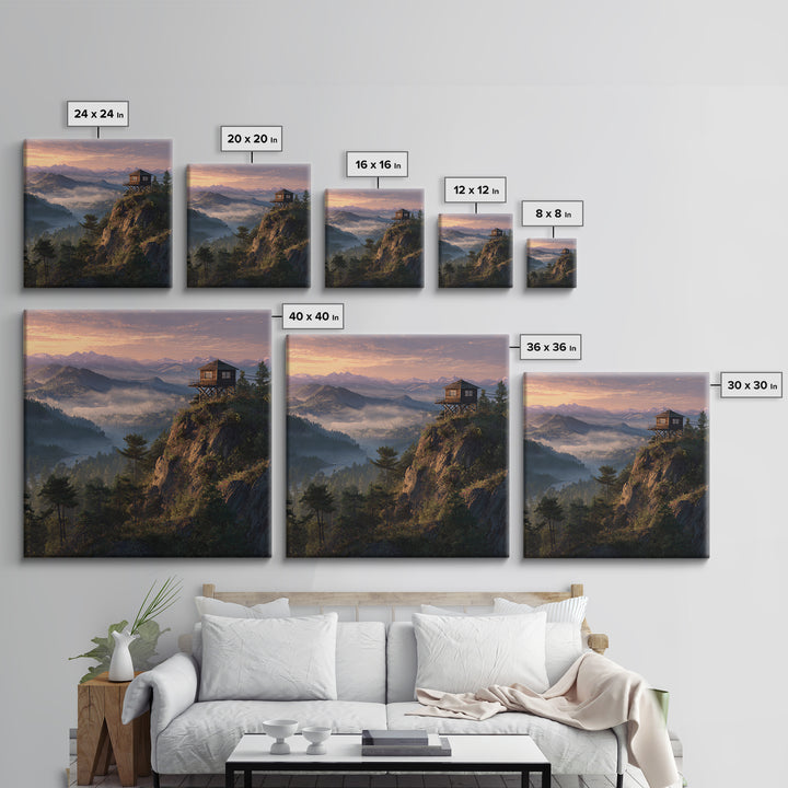 Mountain Fire Lookout Tower Sunrise Landscape Wall Art Misty Forest Painting Modern Home Decor Living Room Canvas Print