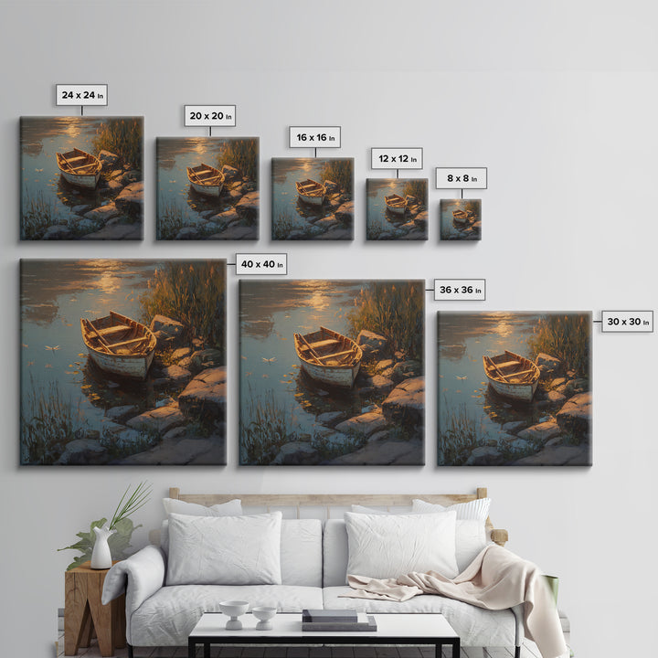 Rowboat On Golden Lake Wall Art, Tranquil Lakeside Landscape Canvas Print, Rustic Cabin Decor, Peaceful Nature Bedroom Wall Art