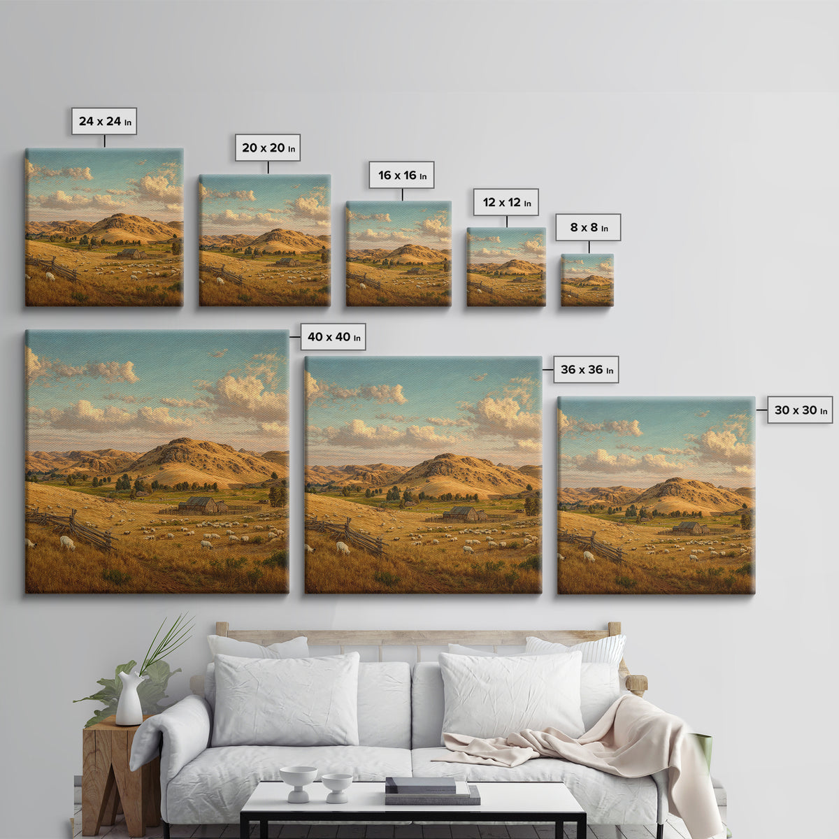 Golden Farm Landscape Wall Art, Rustic Country Pasture With Sheep, Large Wall Art Canvas Print For Farmhouse Home Decor