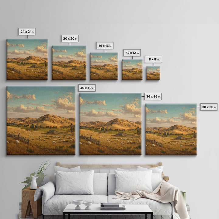 Golden Farm Landscape Wall Art, Rustic Country Pasture With Sheep, Large Wall Art Canvas Print For Farmhouse Home Decor