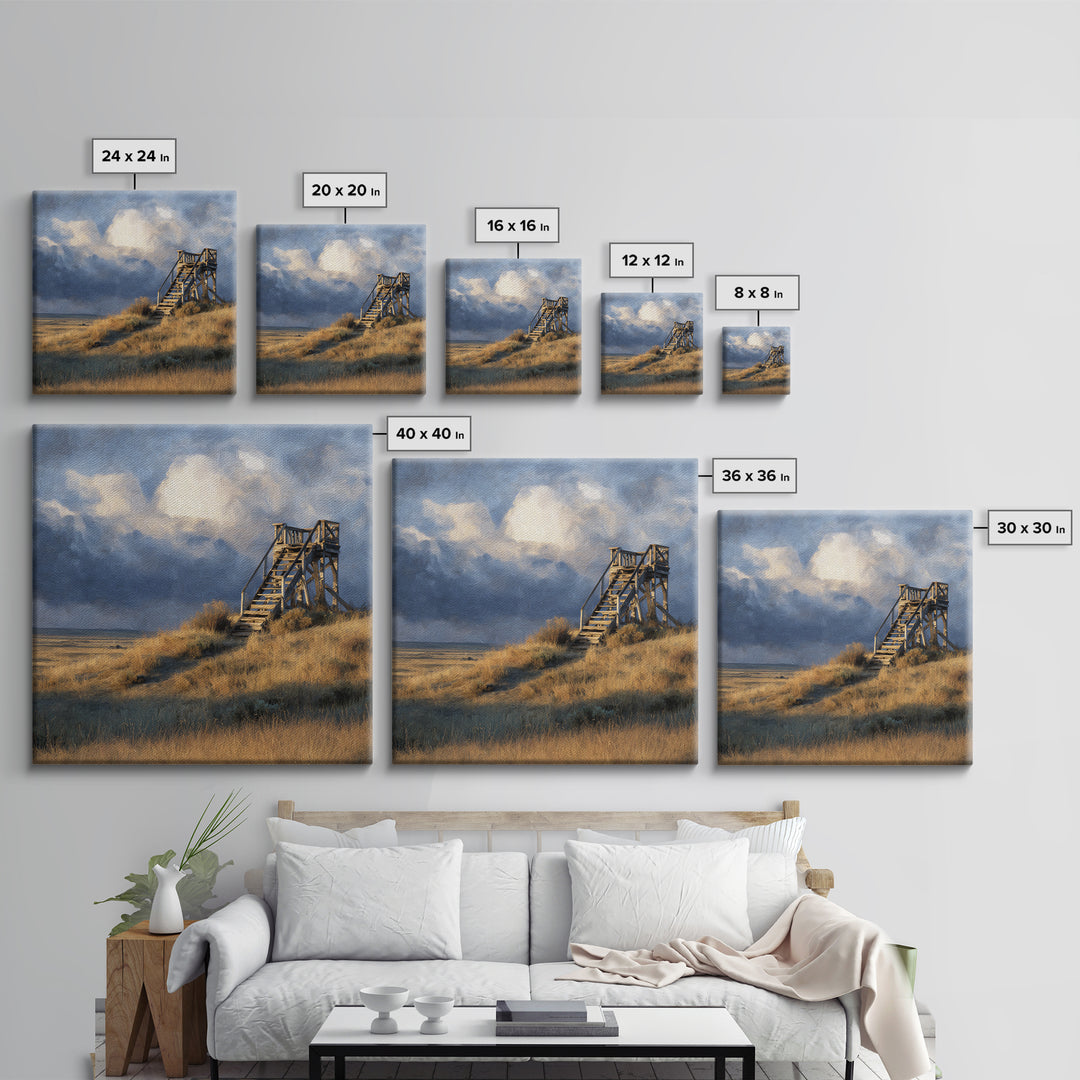 Windblown Dune Stairs Coastal Landscape Wall Art, Moody Beach House Decor Canvas Print