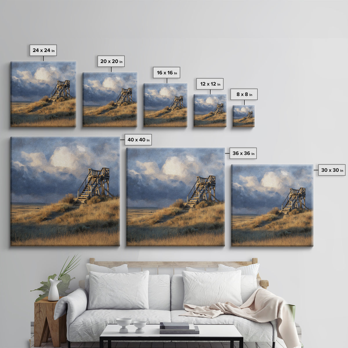 Windblown Dune Stairs Coastal Landscape Wall Art, Moody Beach House Decor Canvas Print