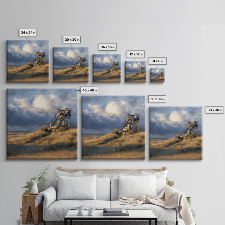 Windblown Dune Stairs Coastal Landscape Wall Art, Moody Beach House Decor Canvas Print