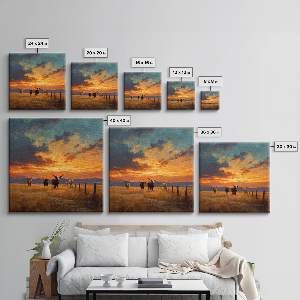Longhorn Cattle At Sunset Western Landscape Wall Art, Rustic Ranch Canvas Print, Modern Cowboy Home Decor