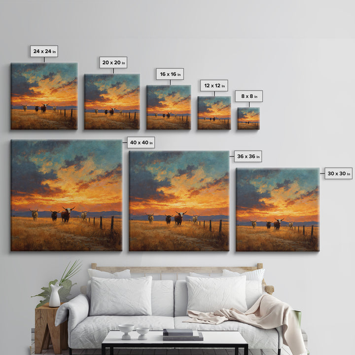 Longhorn Cattle At Sunset Western Landscape Wall Art, Rustic Ranch Canvas Print, Modern Cowboy Home Decor