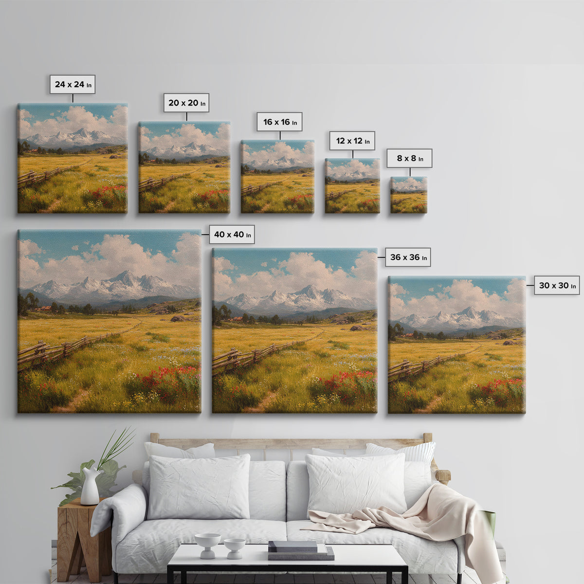 Sunny Alpine Meadow Landscape Wall Art, Wildflower Field Canvas Print, Country Farmhouse Decor, Mountain Nature Art