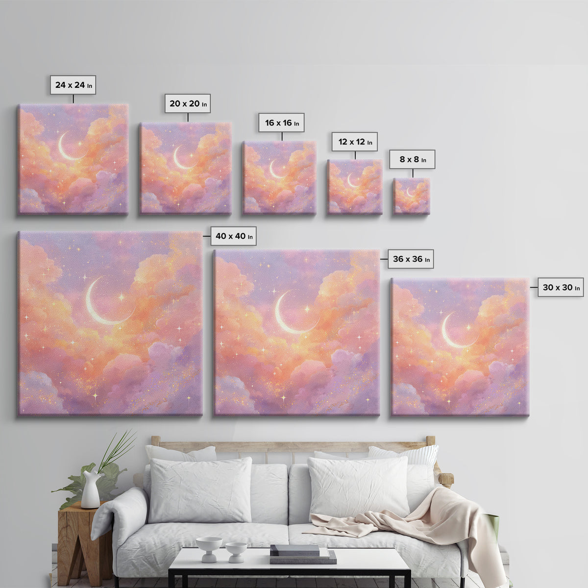 Glowing Crescent Moon Clouds Wall Art, Pastel Celestial Nursery Decor, Pink Bedroom Art, Dreamy Space Print, Girls Room Decor