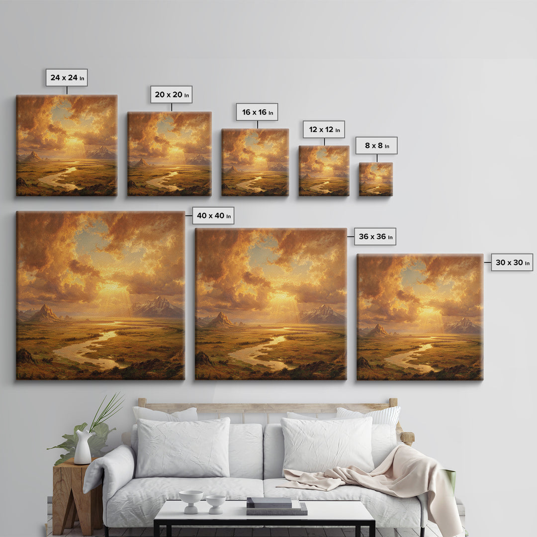 Golden Sunset River Valley Landscape Wall Art, Warm Mountain Print, Rustic Country Decor For Living Room Wall Art