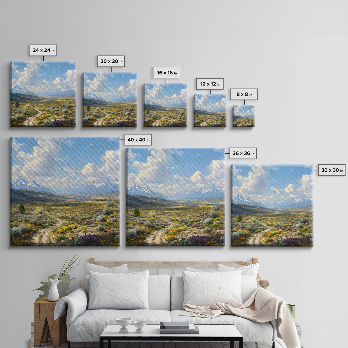 Wide Mountain Valley Wildflower Landscape Wall Art, Country Scenic Canvas Print For Rustic Farmhouse Decor
