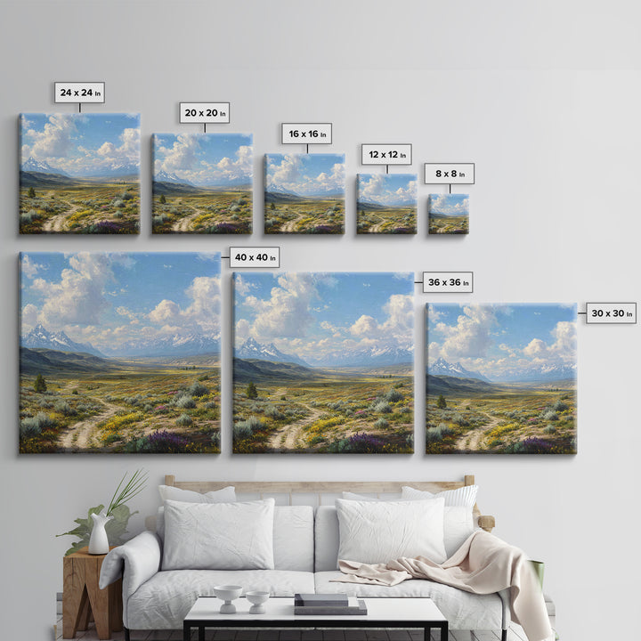 Wide Mountain Valley Wildflower Landscape Wall Art, Country Scenic Canvas Print For Rustic Farmhouse Decor