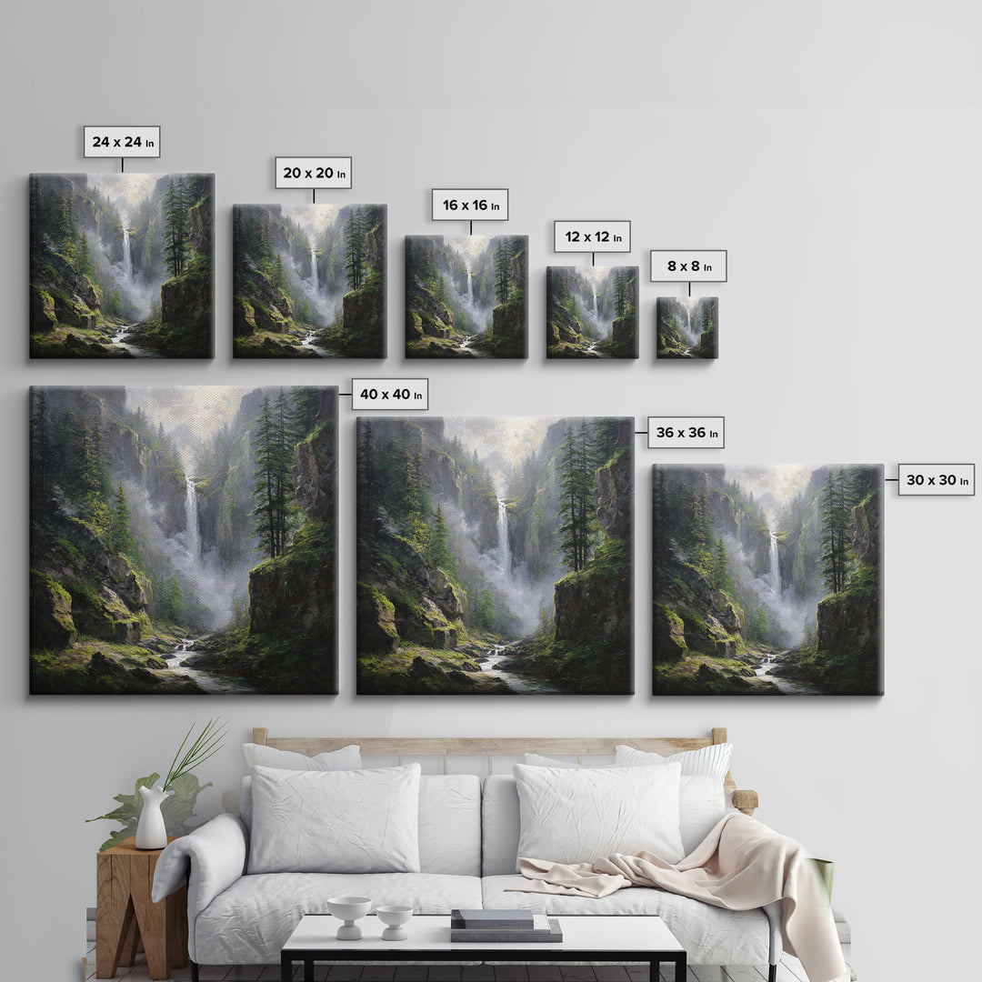 Majestic Mountain Waterfall Forest Landscape Wall Art, Serene Nature Canvas Print For Rustic Cabin Decor