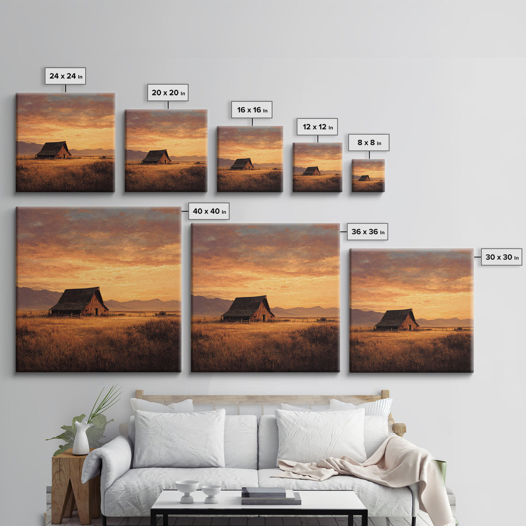 Rustic Barn At Sunset Landscape Wall Art, Country Farmhouse Painting, Warm Autumn Field Scene Large Framed Canvas Print