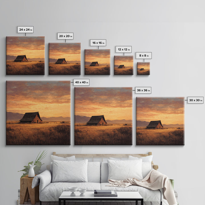 Rustic Barn At Sunset Landscape Wall Art, Country Farmhouse Painting, Warm Autumn Field Scene Large Framed Canvas Print