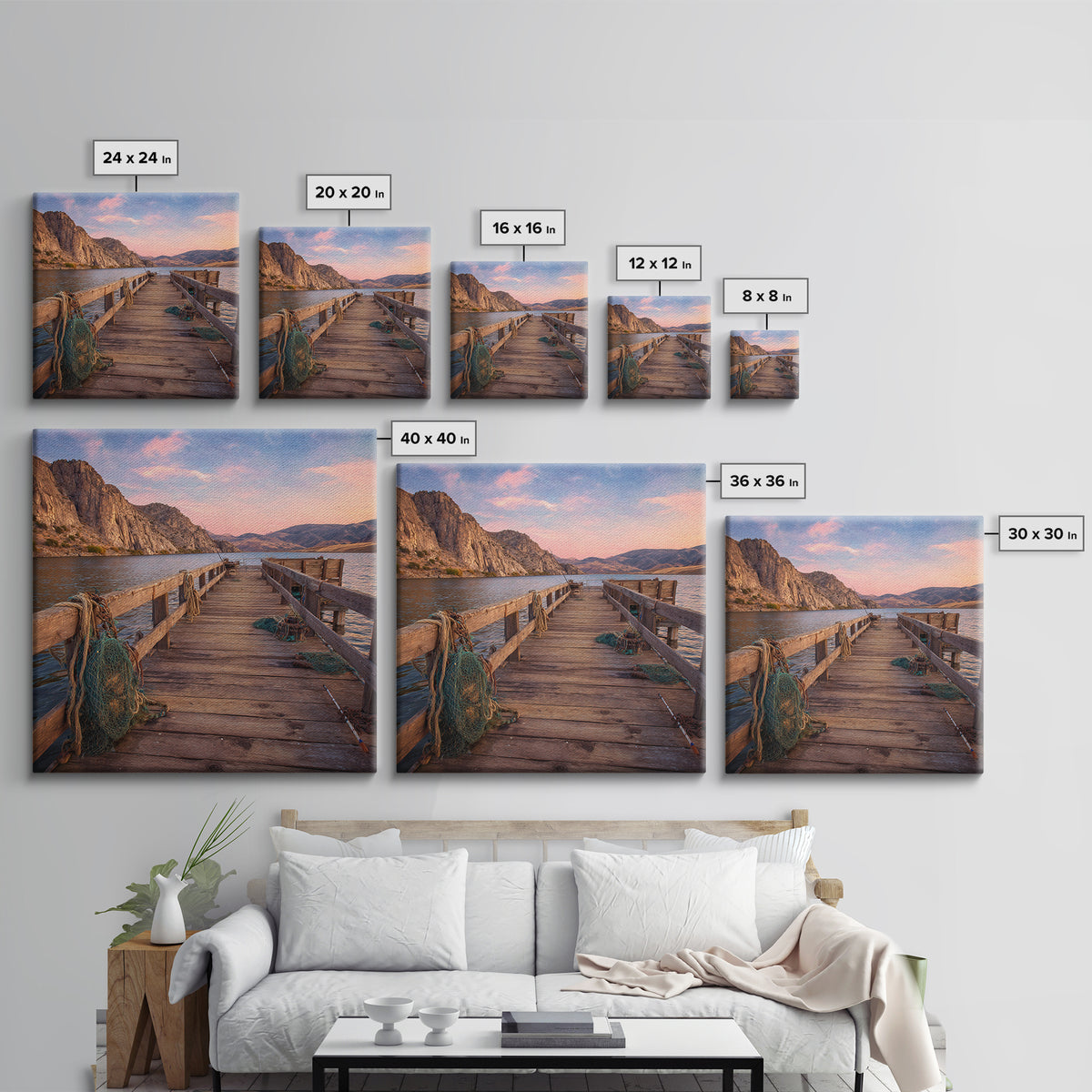 Rustic Fishing Pier At Sunset Canvas Print, Mountain Lake Landscape Wall Art, Cozy Cabin Decor For Lake House Or Living Room