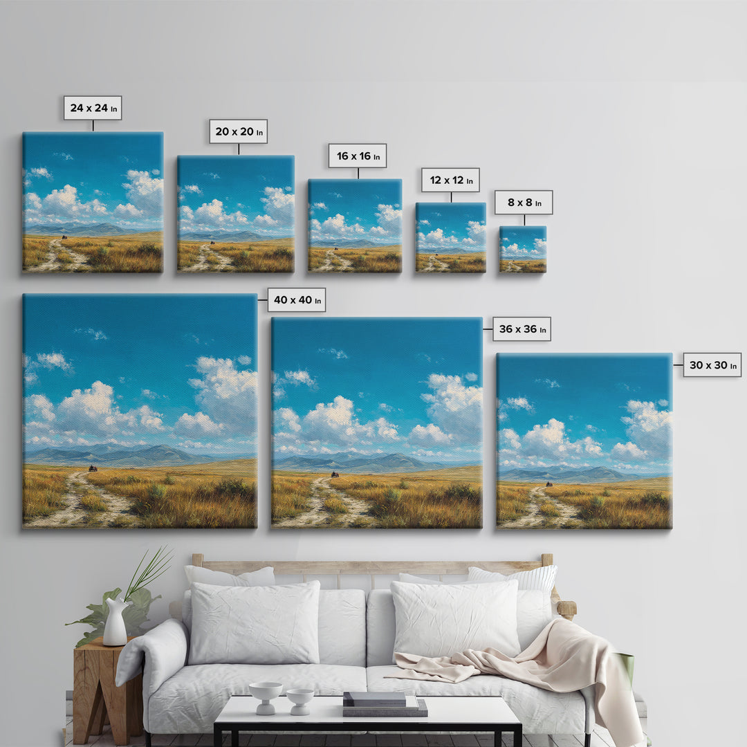 Golden Prairie Wagon Landscape Wall Art, Western Country Sunset Painting, Rustic Home Decor, Large Modern Art Print Canvas
