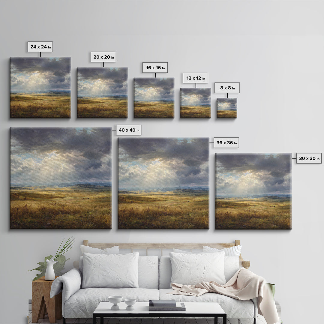Sun Rays Over Golden Prairie Wall Art, Dramatic Western Landscape Canvas Print, Rustic Country Decor, Large Nature Living Room Art